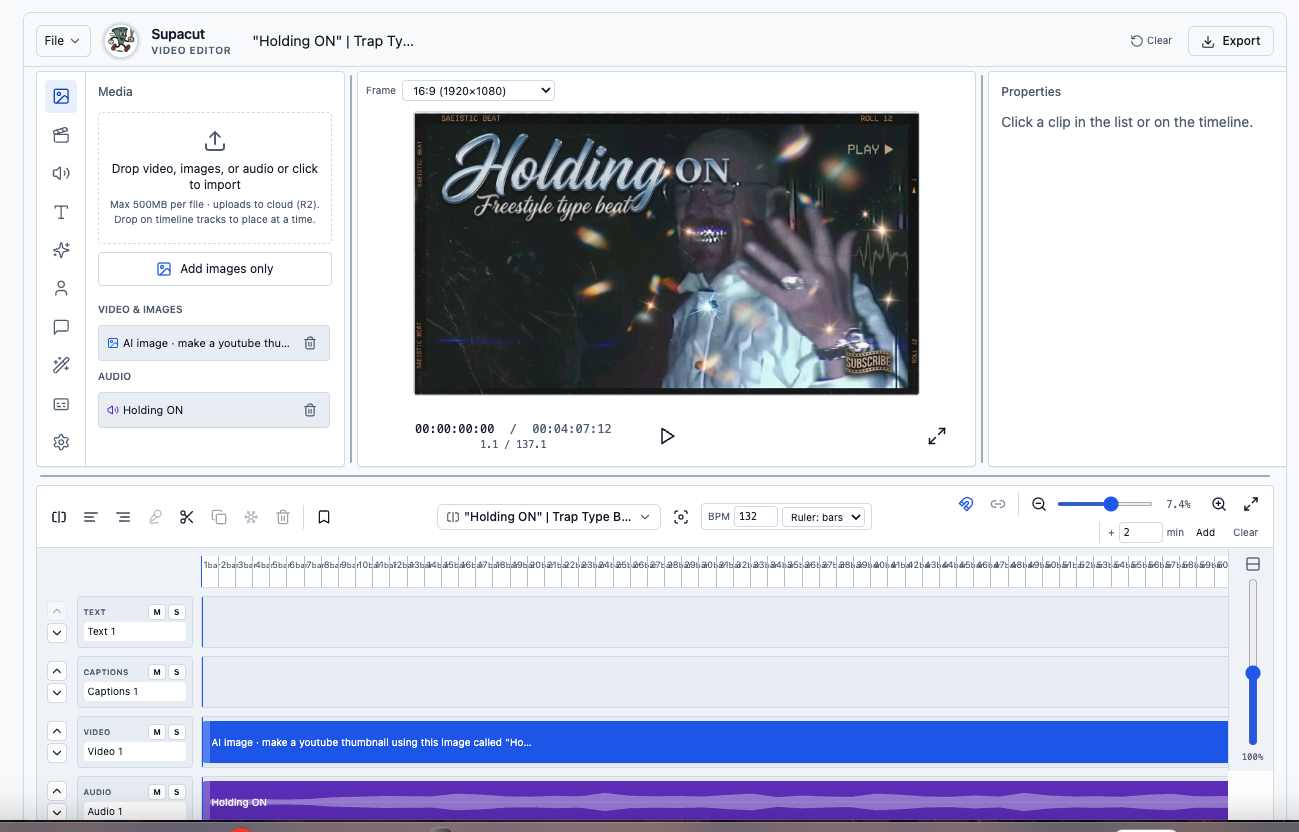 Supacut video editor with a preview canvas, media library, and multitrack timeline